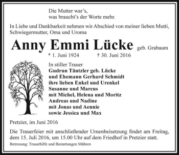 Traueranzeige von Anny Emmi Lücke (geb. Grabaum)  von Magdeburger Volksstimme