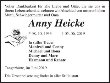 Traueranzeige von Anny Heicke  von Magdeburger Volksstimme