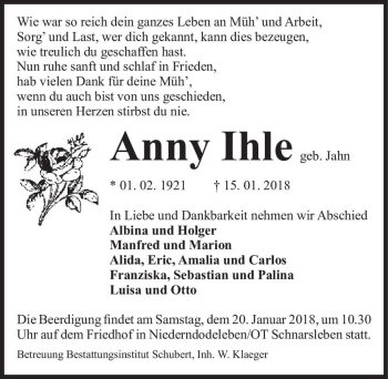 Traueranzeige von Anny Ihle (geb. Jahn)  von Magdeburger Volksstimme