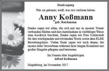 Traueranzeige von Anny Koßmann (geb. Reichmann)  von Magdeburger Volksstimme