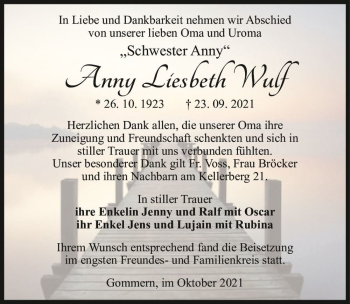 Traueranzeige von Anny Liesabeth Wulf  von Magdeburger Volksstimme