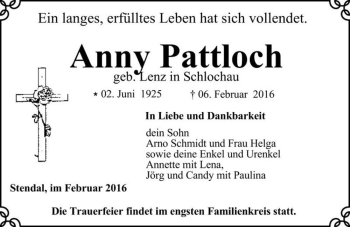 Traueranzeige von Anny Pattloch (geb. Lenz)  von Magdeburger Volksstimme