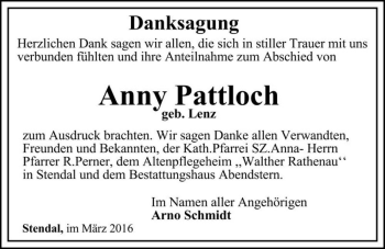 Traueranzeige von Anny Pattloch (geb. Lenz)  von Magdeburger Volksstimme