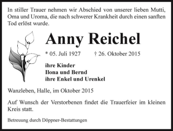 Traueranzeige von Anny Reichel  von Magdeburger Volksstimme