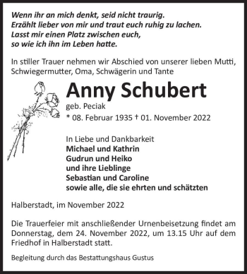 Traueranzeige von Anny Schubert (geb. Peciak)  von Magdeburger Volksstimme