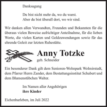 Traueranzeige von Anny Totzke (geb. Schneider)  von Magdeburger Volksstimme