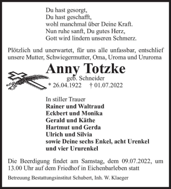 Traueranzeige von Anny Totzke (geb. Schneider)  von Magdeburger Volksstimme