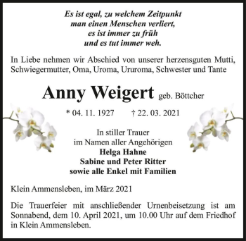 Traueranzeige von Anny Weigert (geb. Böttcher)  von Magdeburger Volksstimme