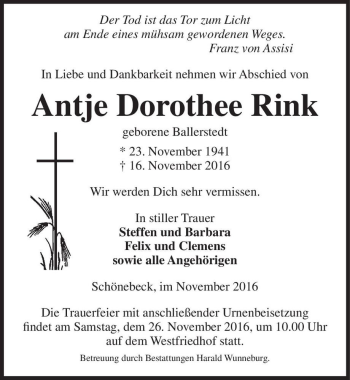 Traueranzeige von Antje Dorothee Rink (geb. Ballerstedt)  von Magdeburger Volksstimme