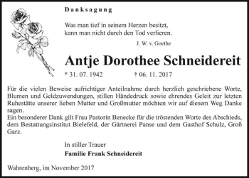 Traueranzeige von Antje Dorothee Schneidereit  von Magdeburger Volksstimme