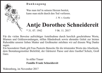 Traueranzeige von Antje Dorothee Schneidereit  von Magdeburger Volksstimme