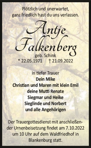Traueranzeige von Antje Falkenberg (geb. Schink)  von Magdeburger Volksstimme