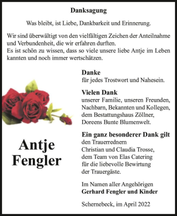 Traueranzeige von Antje Fengler  von Magdeburger Volksstimme