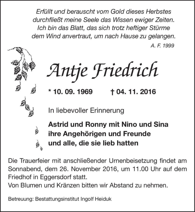  Traueranzeige für Antje Friedrich  vom 19.11.2016 aus Magdeburger Volksstimme