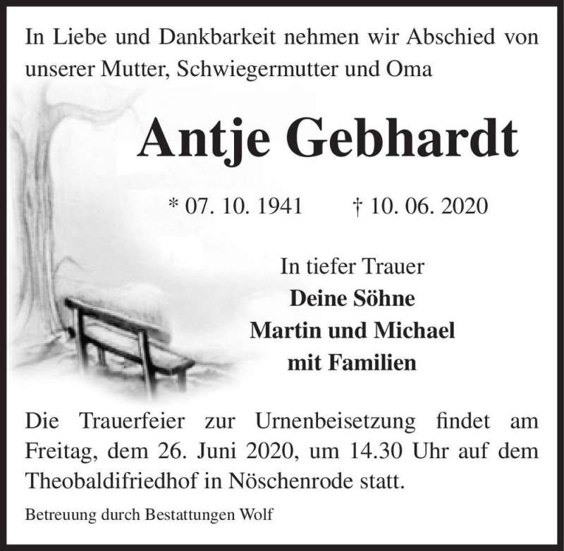  Traueranzeige für Antje Gebhardt  vom 20.06.2020 aus Magdeburger Volksstimme