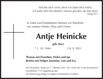 Traueranzeige von Antje Heinicke (geb. Kurz)  von Magdeburger Volksstimme