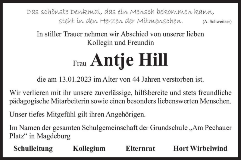  Traueranzeige für Antje Hill  vom 28.01.2023 aus Magdeburger Volksstimme