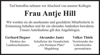 Traueranzeige von Antje Hill  von Magdeburger Volksstimme