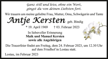Traueranzeige von Antje Kersten (geb. Bindig)  von Magdeburger Volksstimme