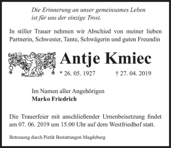 Traueranzeige von Antje Kmiec  von Magdeburger Volksstimme