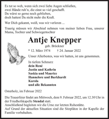 Traueranzeige von Antje Knepper (geb. Brückner)  von Magdeburger Volksstimme