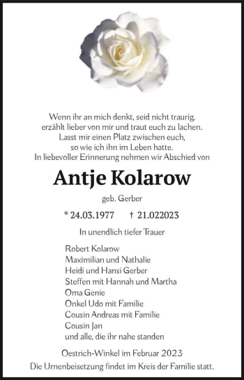 Traueranzeige von Antje Kolarow (geb. Gerber)  von Magdeburger Volksstimme
