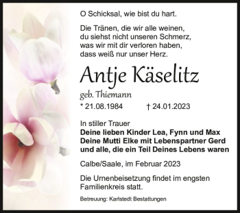 Traueranzeige von Antje Käselitz (geb. Thiemann)  von Magdeburger Volksstimme