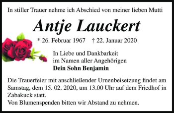 Traueranzeige von Antje Lauckert  von Magdeburger Volksstimme