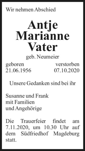 Traueranzeige von Antje Marianne Vater (geb. Neumeier)  von Magdeburger Volksstimme