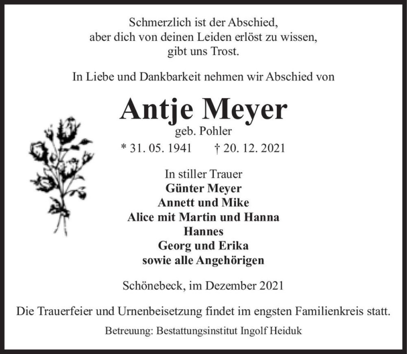  Traueranzeige für Antje Meyer (geb. Pohler)  vom 29.12.2021 aus Magdeburger Volksstimme