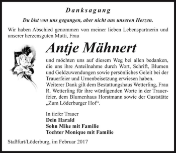 Traueranzeige von Antje Mähnert  von Magdeburger Volksstimme