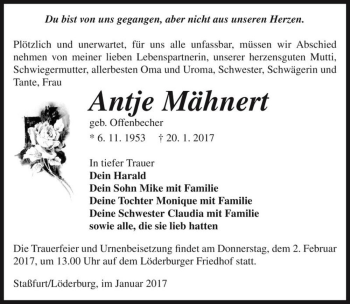 Traueranzeige von Antje Mähnert (geb. Offenbecher)  von Magdeburger Volksstimme