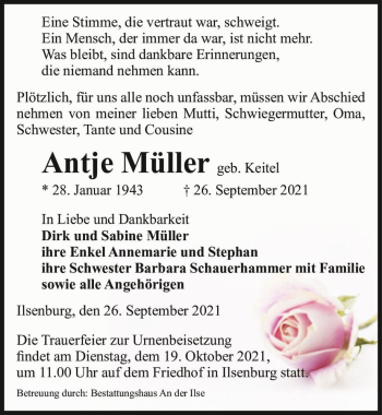 Traueranzeige von Antje Müller (geb. Keitel)  von Magdeburger Volksstimme