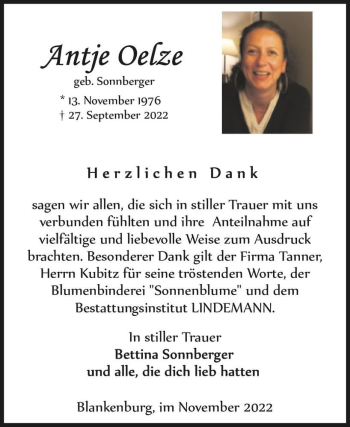 Traueranzeige von Antje Oelze (geb. Sonnberger)  von Magdeburger Volksstimme