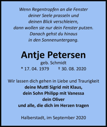 Traueranzeige von Antje Petersen (geb. Schmidt)  von Magdeburger Volksstimme