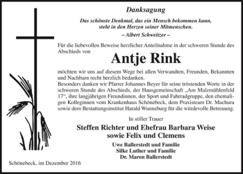 Traueranzeige von Antje Rink  von Magdeburger Volksstimme