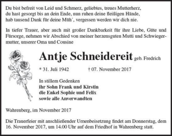 Traueranzeige von Antje Schneidereit (geb. Fredrich)  von Magdeburger Volksstimme