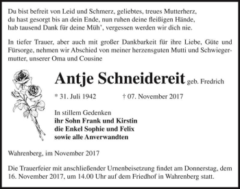 Traueranzeige von Antje Schneidereit (geb. Fredrich)  von Magdeburger Volksstimme