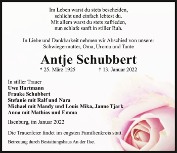 Traueranzeige von Antje Schubbert  von Magdeburger Volksstimme