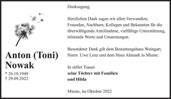 Traueranzeige von Anton (Toni) Nowak  von Magdeburger Volksstimme