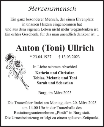Traueranzeige von Anton (Toni) Ullrich  von Magdeburger Volksstimme