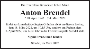 Traueranzeige von Anton Brendel  von Magdeburger Volksstimme