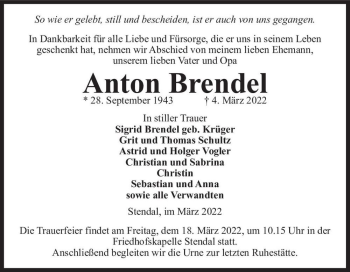 Traueranzeige von Anton Brendel  von Magdeburger Volksstimme