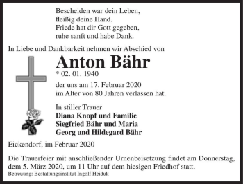 Traueranzeige von Anton Bähr  von Magdeburger Volksstimme