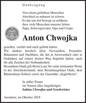 Traueranzeige von Anton Chwojka  von Magdeburger Volksstimme