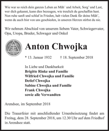 Traueranzeige von Anton Chwojka  von Magdeburger Volksstimme