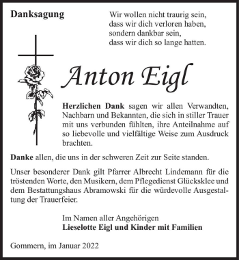 Traueranzeige von Anton Eigl  von Magdeburger Volksstimme