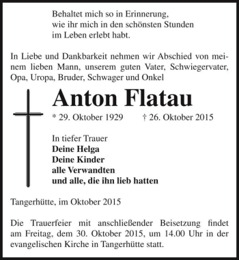 Traueranzeige von Anton Flatau  von Magdeburger Volksstimme