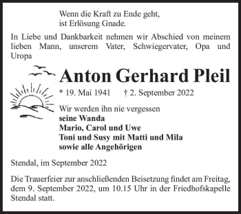 Traueranzeige von Anton Gerhard Pleil  von Magdeburger Volksstimme