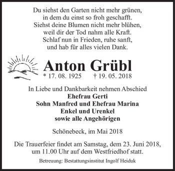 Traueranzeige von Anton Grübl  von Magdeburger Volksstimme